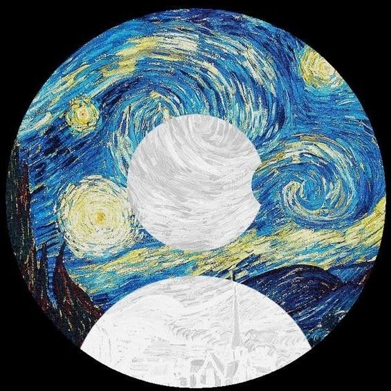 the painting is made with colored pencils and has an image of a starry night