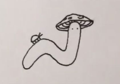 a drawing of a worm with a mushroom on its head