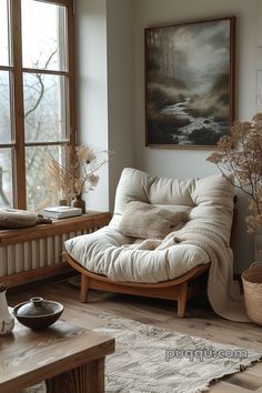 a living room filled with furniture next to a window covered in plants and potted plants