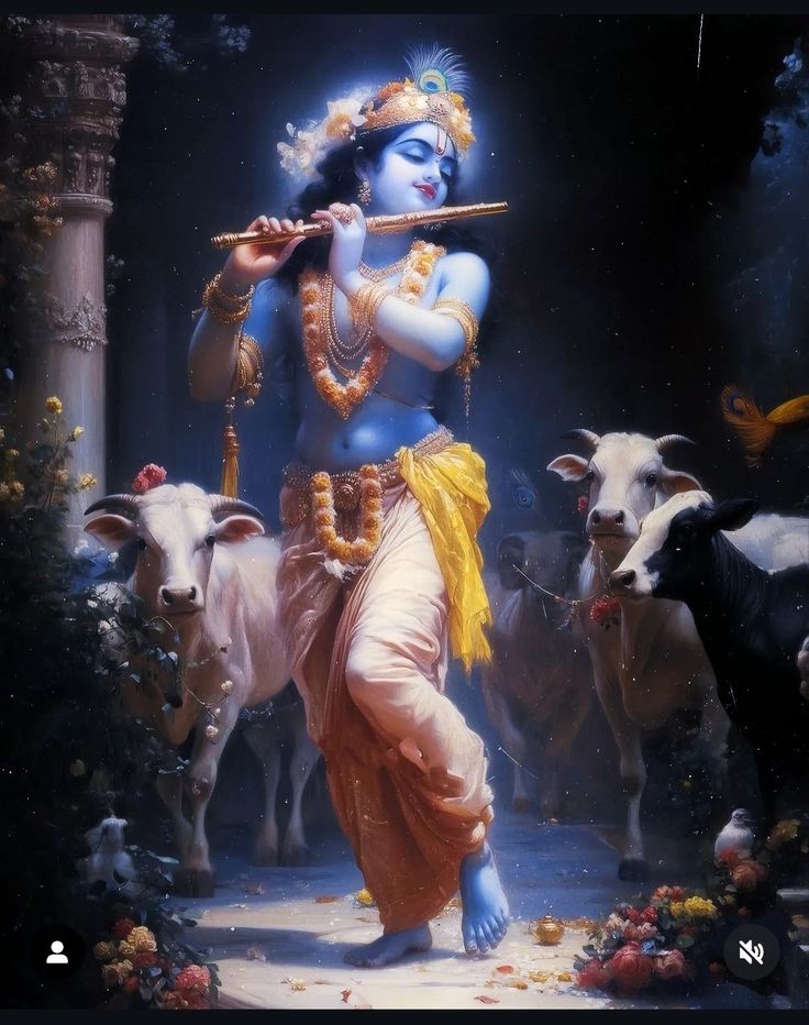 a painting of a hindu god playing the flute in front of some cows and trees