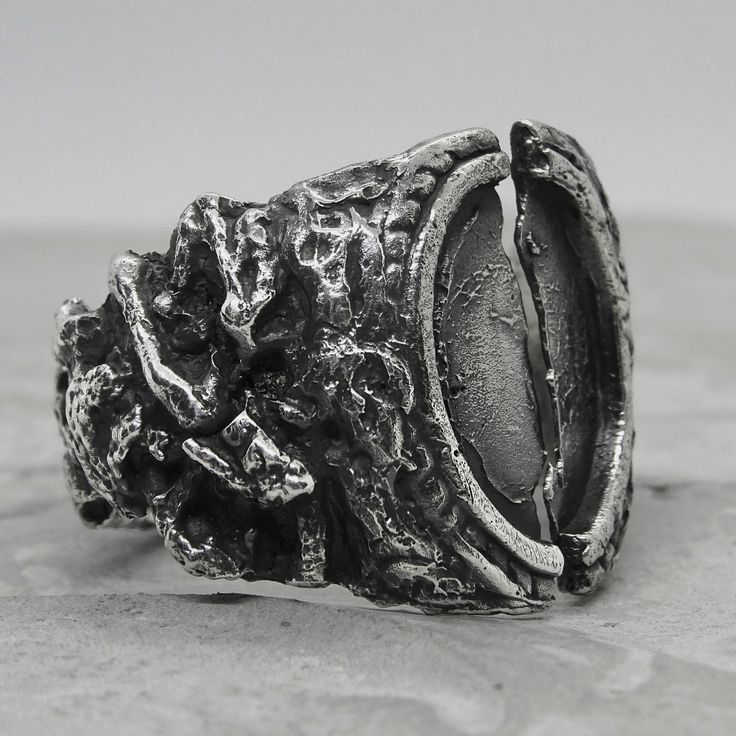 Silver Hand Cast Open Ring, Brutalist Oxidized Open Ring, Unique Hand Cast Metal Rings, Hand Cast Silver Open Ring, Unique Hand-cast Open Signet Ring, Modernist Hand-cast Jewelry Ring, Brutalist Open Ring With Oxidized Finish, Brutalist Oxidized Open Ring Jewelry, Hand Forged Metal Rings