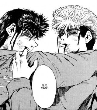 two anime characters hugging each other with one holding the other's arm around his neck