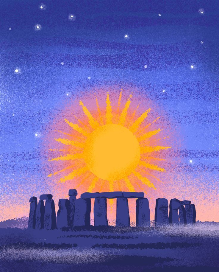 an illustration of the sun setting over stonehenge