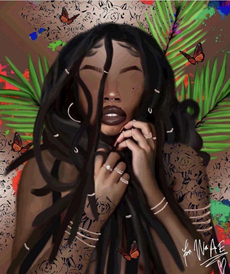 a digital painting of a woman with dreadlocks and tattoos on her face, holding her hands to her chest