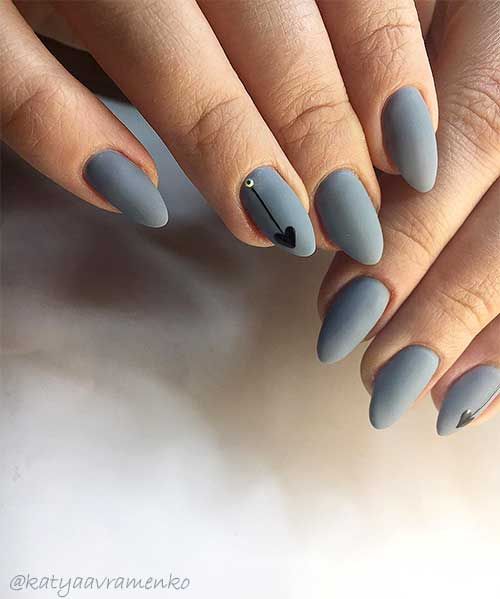 Black Matte Nails With Design Almond, Grey Nail Inspiration, Grey Valentines Day Nails, Grey Valentine Nails, Grey Almond Nails Design, Grey Heart Nails, Grey Almond Acrylic Nails, Gray Ombre Nails, Black And Gray Nails