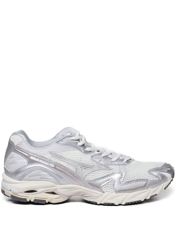 grey silver-tone mesh design panelled design front lace-up fastening almond toe debossed logo to the side branded insole rubber outsole Mizuno Wave Rider 10, Mizuno Wave Rider, Footwear Design, Aviator Watch, Debossed Logo, Balenciaga Track, Office Bag, Balenciaga Triple S, Sneakers Grey