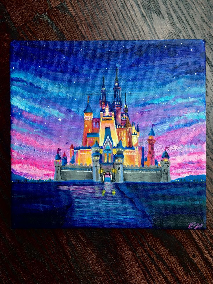 an acrylic painting of a castle at night