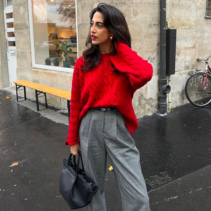 Wide leg wool-flannel suit trousers Red Pullover Sweater, Flare Long Sleeve, Sweaters Women, Red Pullover, Winter Chic, Christmas Party Dress, Loose Pullover, Red Sweater, Pullover Sweater Women