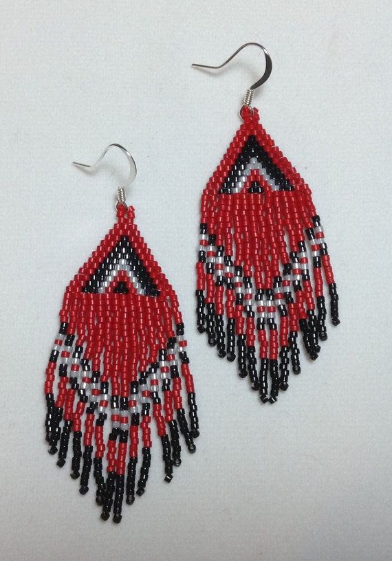 Christmas Red Beaded Earrings with Fringe by DoubleACreations Red Faceted Beads Jewelry For Crafting, Red Tiny Beads For Crafting, Red Beads For Crafting, Handmade Red Beaded Earrings, Handmade Red Beaded Earrings With Round Beads, Red And Black Beaded Drop Earrings, Red Dangling Beaded Earrings, Adjustable Red Beaded Earrings With Black Beads, Red Earrings With Black Beads For Gift