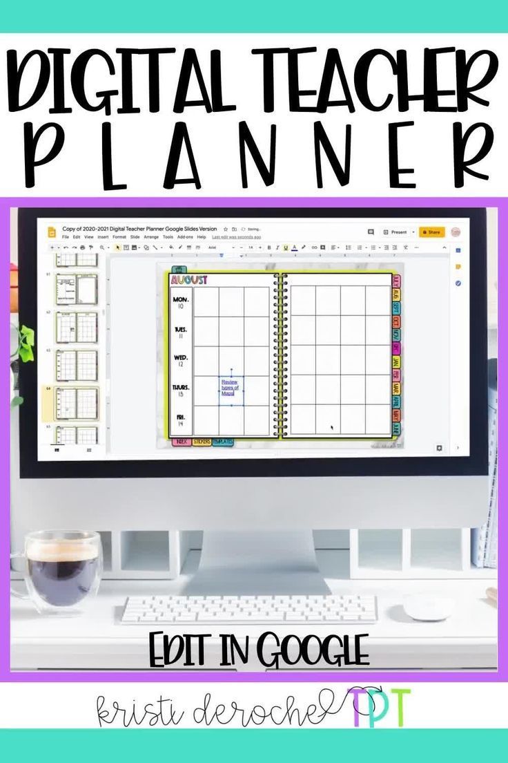 a computer with the words digital teacher planner on it and a cup of coffee next to it