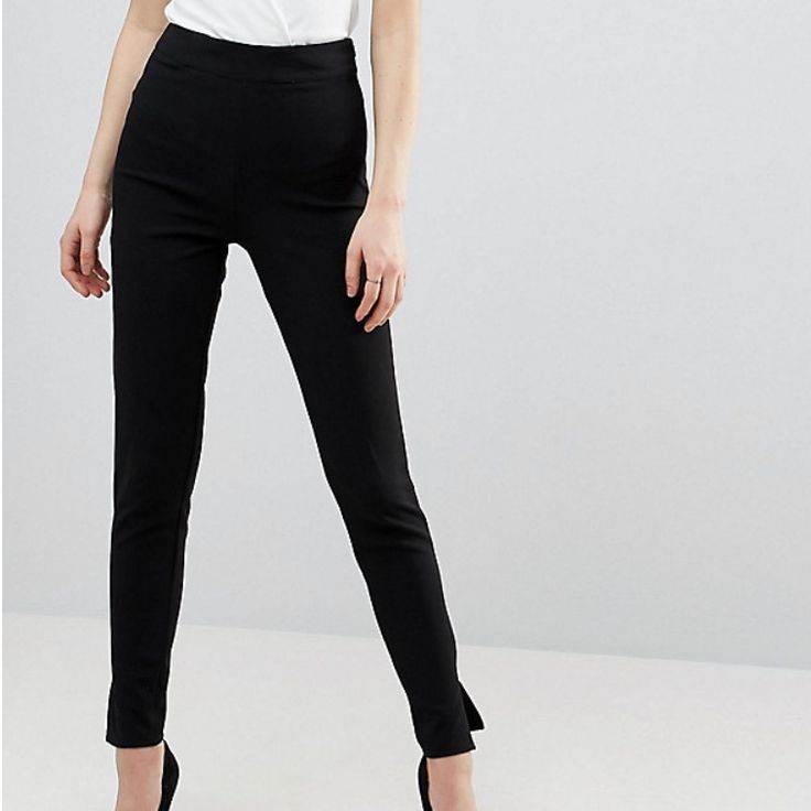 Missguided Black Stretchy Twill Cigarette Pants. High Waisted With Zipper Detail At The Ankle. Great For A Night Out Or For Work. Fabric: 70% Viscose 26% Polyamid 4% Elastin Stretch Elastane Dress Pants For Night Out, Elegant Tapered Leg Leggings, Tight Elegant Elastane Pants, Tight Elastane Party Bottoms, Elegant Tight Trousers, High Waist Business Casual Fitted Leggings, High Waist Fitted Leggings For Business Casual, Black Elastane Dress Pants For Party, Elegant High Waist Evening Leggings