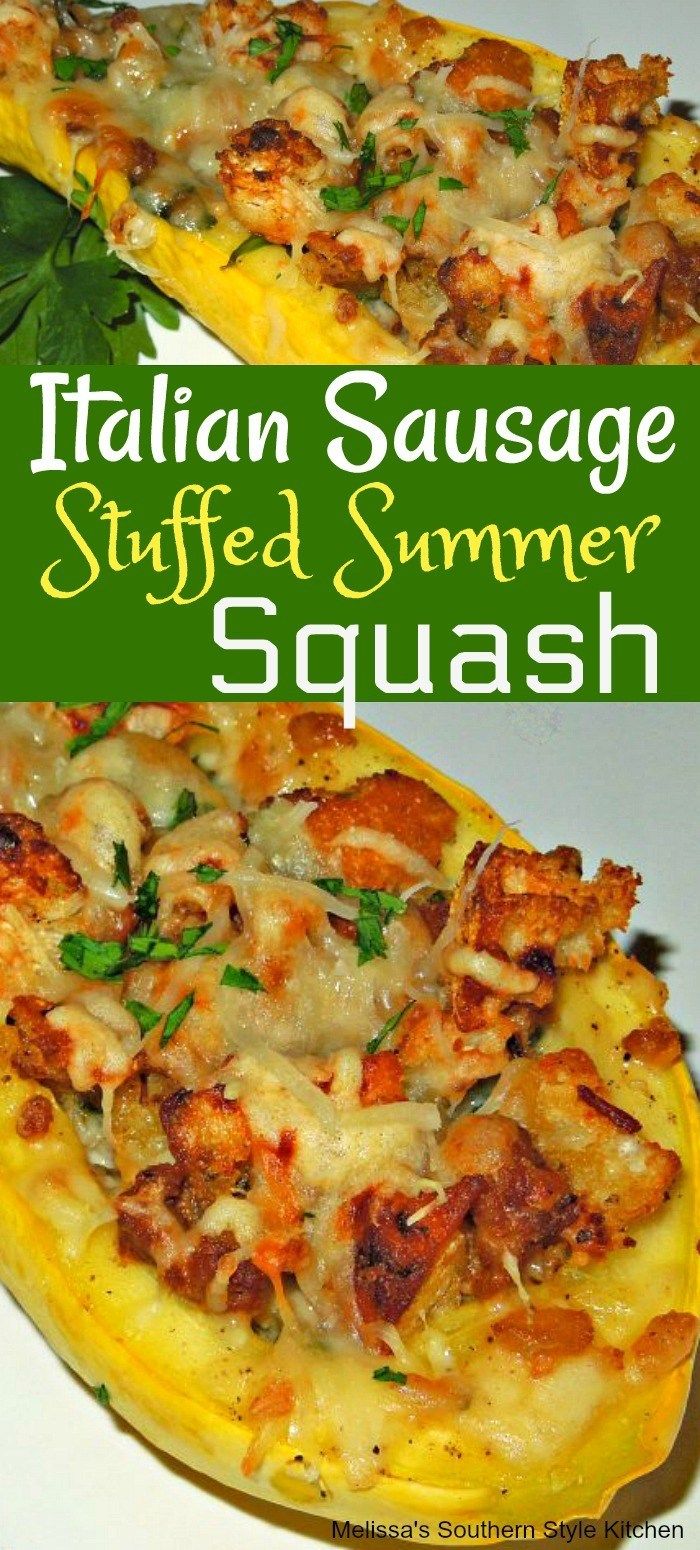 an italian sausage stuffed summer squash is shown in two separate images with the title above it