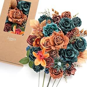 a bouquet of flowers sitting in front of a box with a card on it that says lings