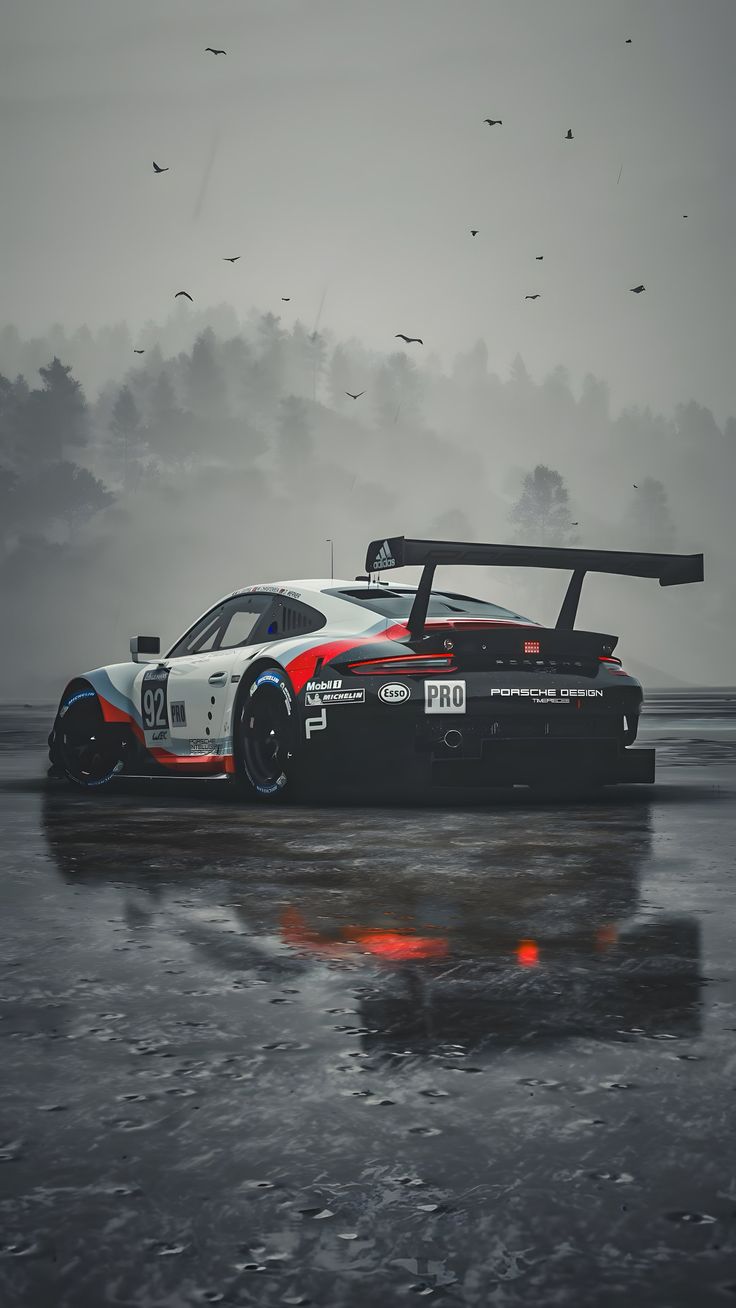 a race car driving on a wet track with birds flying in the sky behind it