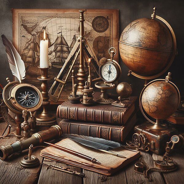 an assortment of antique books, globes and other items on a wooden table with a candle