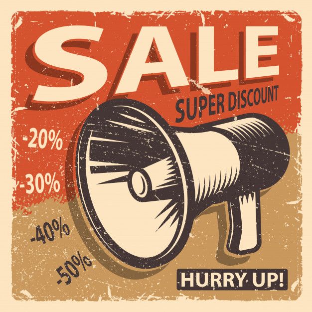 a sale sign with a bullhorn on it and the words hurry up written in red