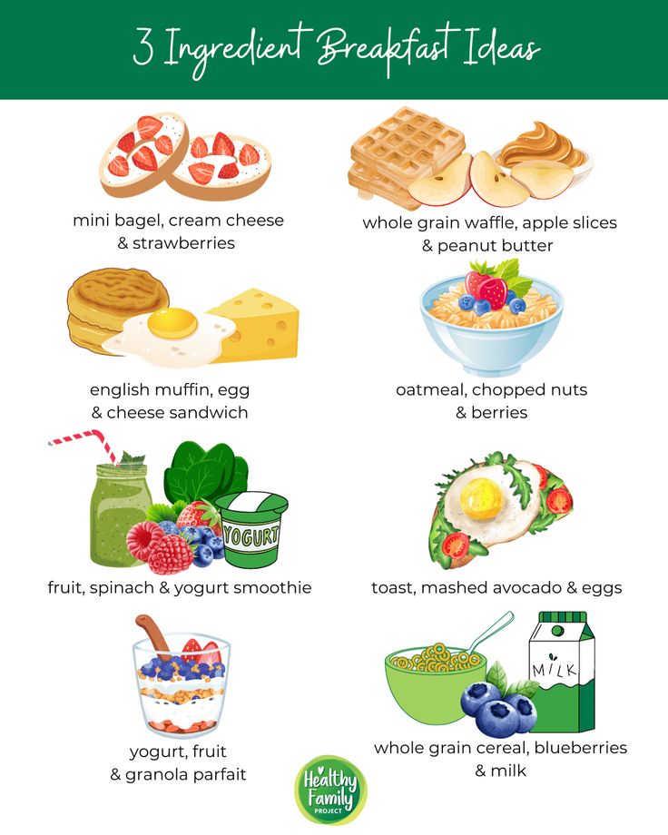 three ingredient breakfast ideas for kids to eat in the morning and night, including eggs, cereal