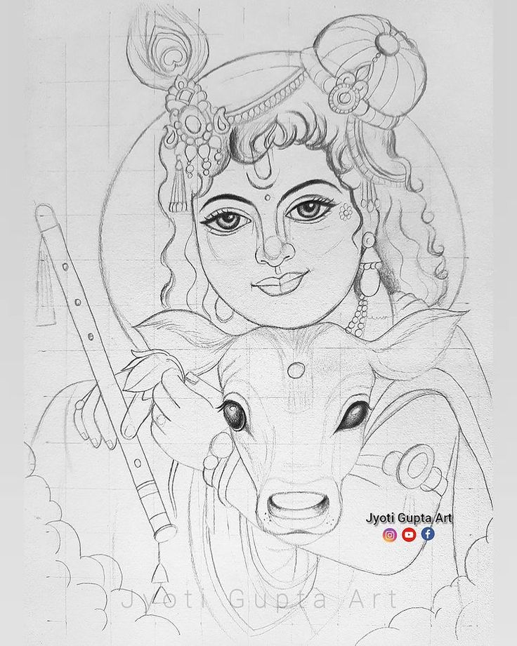 pencil drawing of lord rama with deer in his hand and the sun behind him, on white paper