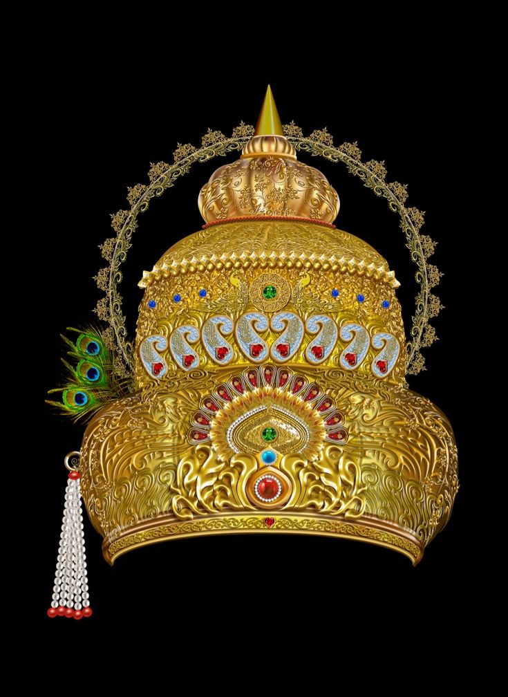 an elaborate golden crown with peacocks on it's sides and tassels hanging from the top