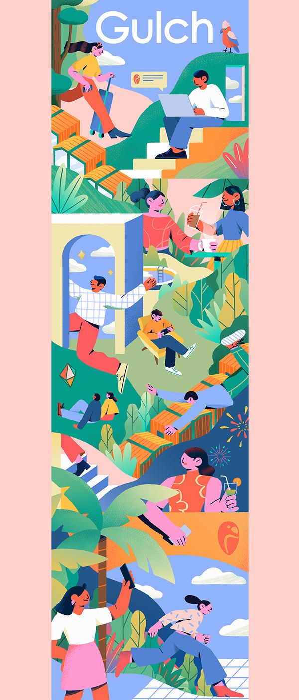 an illustrated poster with people walking and sitting in the park, on top of each other