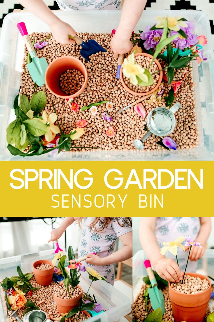 kids are playing with plants and flowers in their garden bins, while the text overlay reads spring garden sensory bin