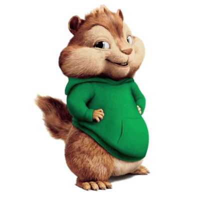 a cartoon squirrel wearing a green shirt and standing on one leg with his hands in the pockets