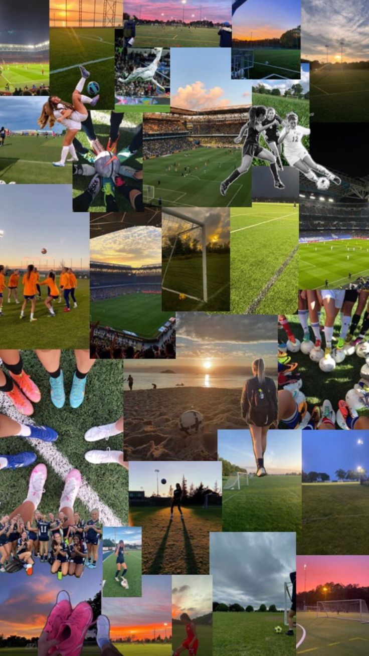 a collage of photos with people playing soccer and running in the grass at sunset