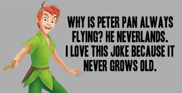 an animated cartoon character with the words, why is peter pan always flying? he neverlands