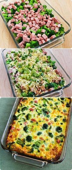 four different types of casserole with broccoli, ham and cheese in them