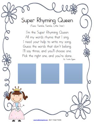 the super rhyming queen worksheet is shown in blue and has flowers on it