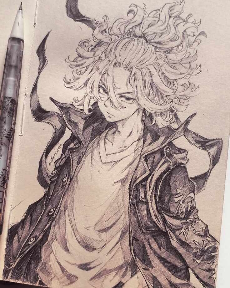 a pencil drawing of a male character with long hair and an evil look on his face