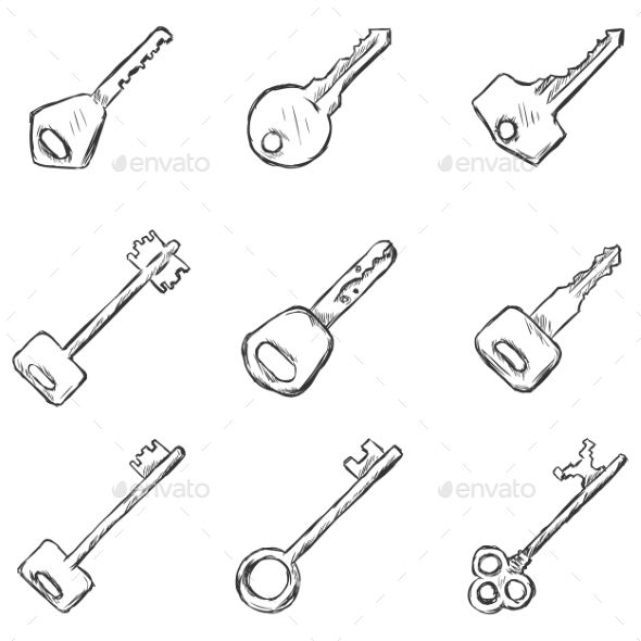 different types of keys drawn in pencil on white paper - miscellaneous objects / arts & crafts