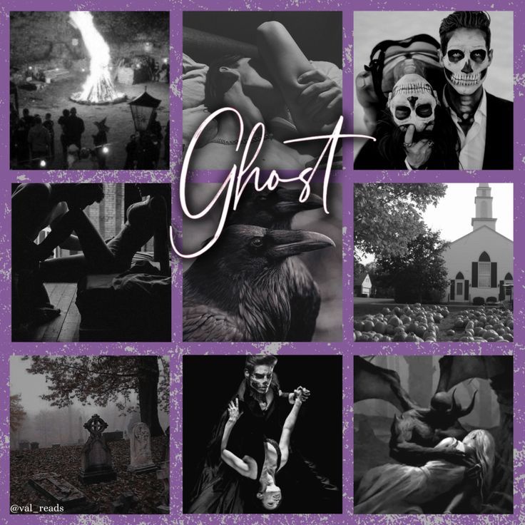 a collage of photos with the words ghost written in white and purple on it