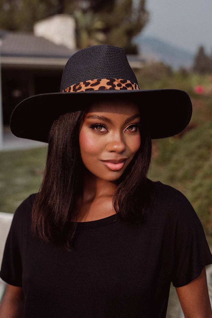 FINAL SALE: No returns or exchanges on accessories Product Details: Woven hat with felt cheetah-print band COLOR: black Crown measurement: 3 inches across Brim measurement: 2.5 inches Don’t see your size? Reach out to us for additional assistance! Call us at (323) 526-0977 during our office hours 8:00AM – 4:30PM PST Monday-Friday. Western Black Flat Brim Panama Hat, Western Style Black Flat Brim Panama Hat, Western Style Black Panama Hat With Flat Brim, Black Western Panama Hat With Short Brim, Western Black Panama Hat With Short Brim, Black Western Panama Hat With Curved Brim, Western Style Black Panama Hat With Curved Brim, Western Style Black Brimmed Panama Hat, Casual Black Fedora Sun Hat