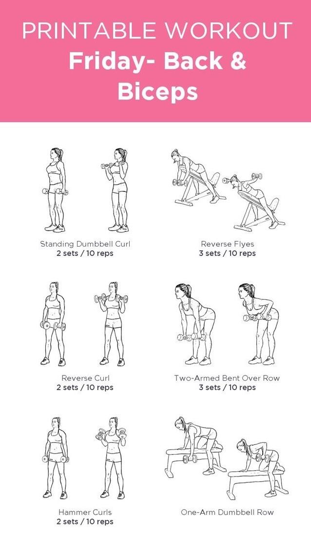 the printable workout guide for friday - back and biceps is shown here