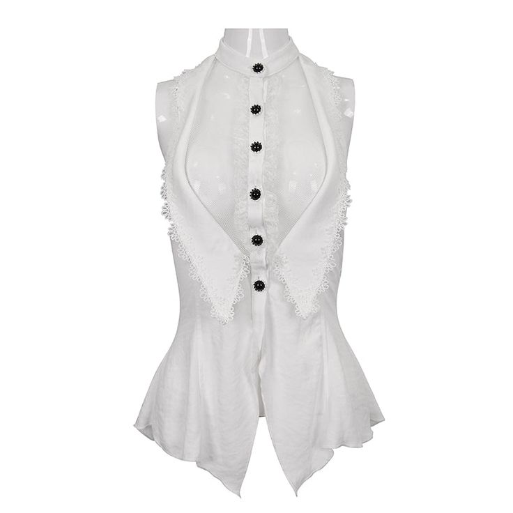 Product description: The main fabric is made of soft-touch thick chiffon material, the front chest is stitched with fine mesh, sleeveless version, and the back center elastic band and string can adjust the circumference without being tight. Product ID card: Brand:Devil Fashion Style:White Gothic daily life Sleeveless women Blouse Item No:SHT09702 Fabric:POLYESTER90% POLYAMIDE10% Color:White Size:XS-3XL Weight: 0.24KGS Sleeveless White Blouse With Buttons, Fitted Short Sleeve Gothic Blouse, Gothic Sleeveless Cotton Tops, White V-neck Blouse With Button Closure, White Stretch Button-up Blouse, Halter Blouse, Chiffon Material, Vest White, White Sleeveless