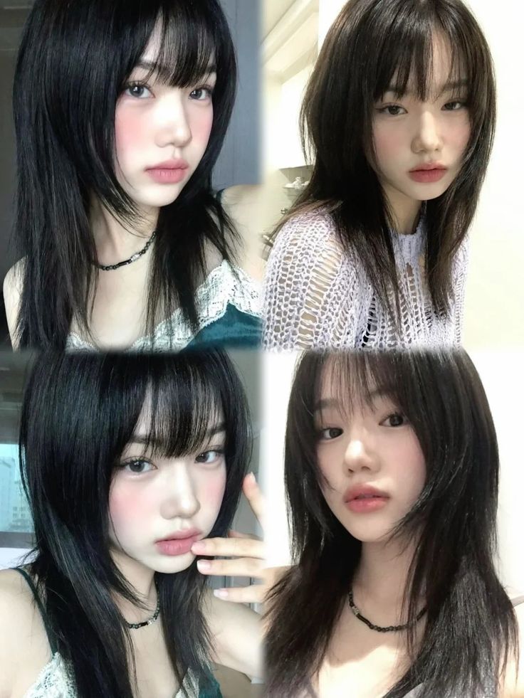 Korean Fringe Hairstyles, Falco Haircut, Japanese Bangstyle Hair, Wolfcut Unstyled, Japanese Girl Hairstyle, Bangs For Short Forehead, Hush Cut With Bangs, Japanese Bangs, Different Bangs