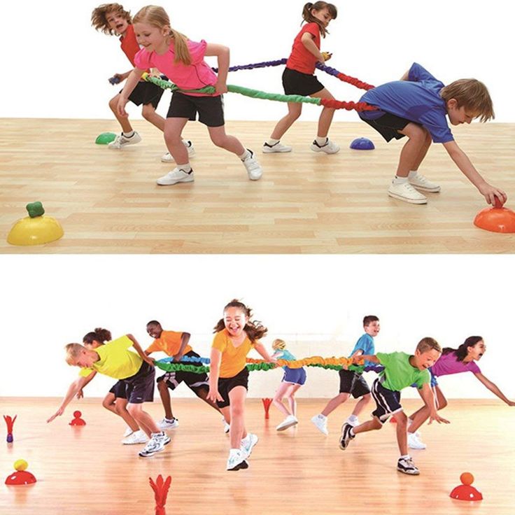 two pictures of children playing tugo ball on the same floor and in different positions