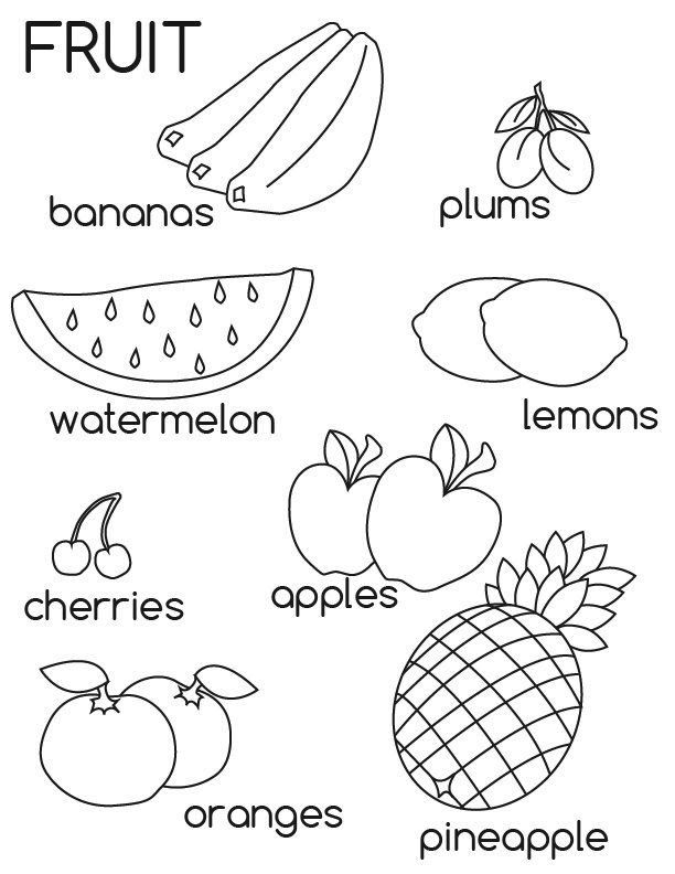 fruits coloring page with the words, color and learn them