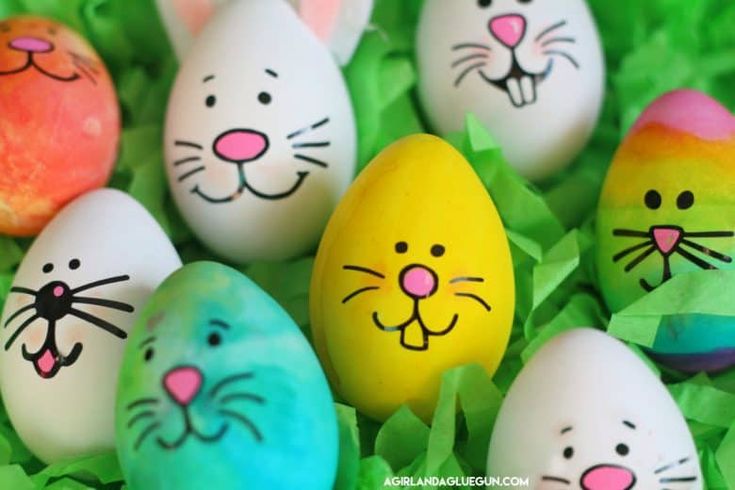 easter eggs with painted faces and ears in green paper on the ground, surrounded by grass