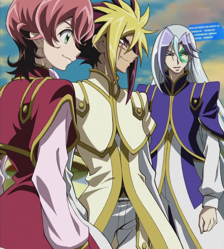 three anime characters standing next to each other