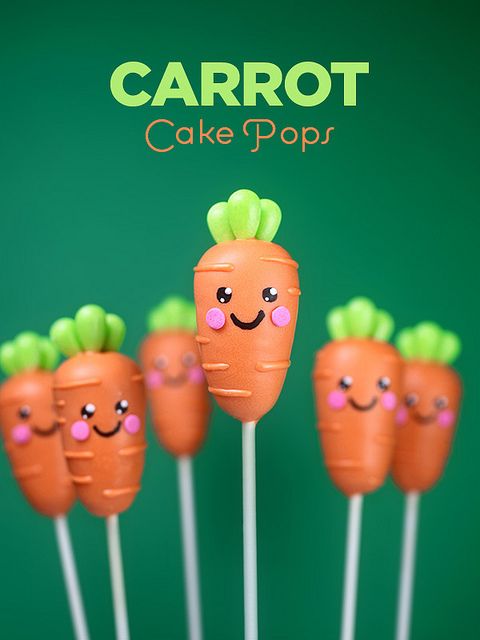 carrot cake pops with faces on them sitting in front of a green background that says carrot cake pops