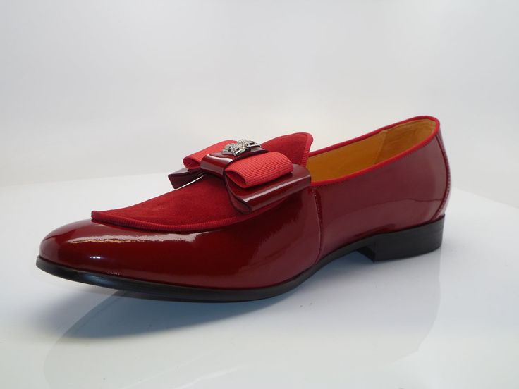 Patent Leather & Suede Slip-On Loafer Red – C&E Fashions Dress Loafers, Rhinestone Flower, Shoes Men, Piping, Patent Leather, Dress Shoes Men, Shoes Mens, Dress Shoes, Loafers