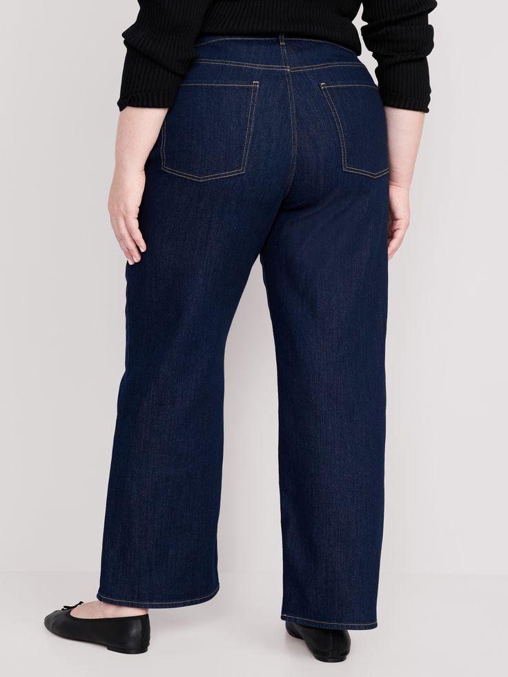 button front belt loops zip fly front scoop pockets back patch pockets sits at belly button loose hip and thigh 31" regular inseam 29" petite inseam 35&quot tall inseam models are approx.  5'9" and wear sizes s (4), l (12), and xl (18) spandex 1% cotton 63% recycled cotton 6% recycled polyester 30% Dark Wash Cropped Leg Pants With Pockets, Medium Wash Cropped Leg Wide Leg Pants With Pockets, Medium Wash Cropped Wide Leg Pants With Pockets, Dark Wash Wide Leg Bottoms With Welt Pockets, High Waist Denim Blue Wide Leg Pants With Pockets, Wide Leg Dark Wash Bottoms With Welt Pockets, Denim Blue Wide Leg Pants With Welt Pockets, Relaxed Fit Medium Wash Bottoms With Welt Pockets, Fitted Medium Wash Bottoms With Welt Pockets