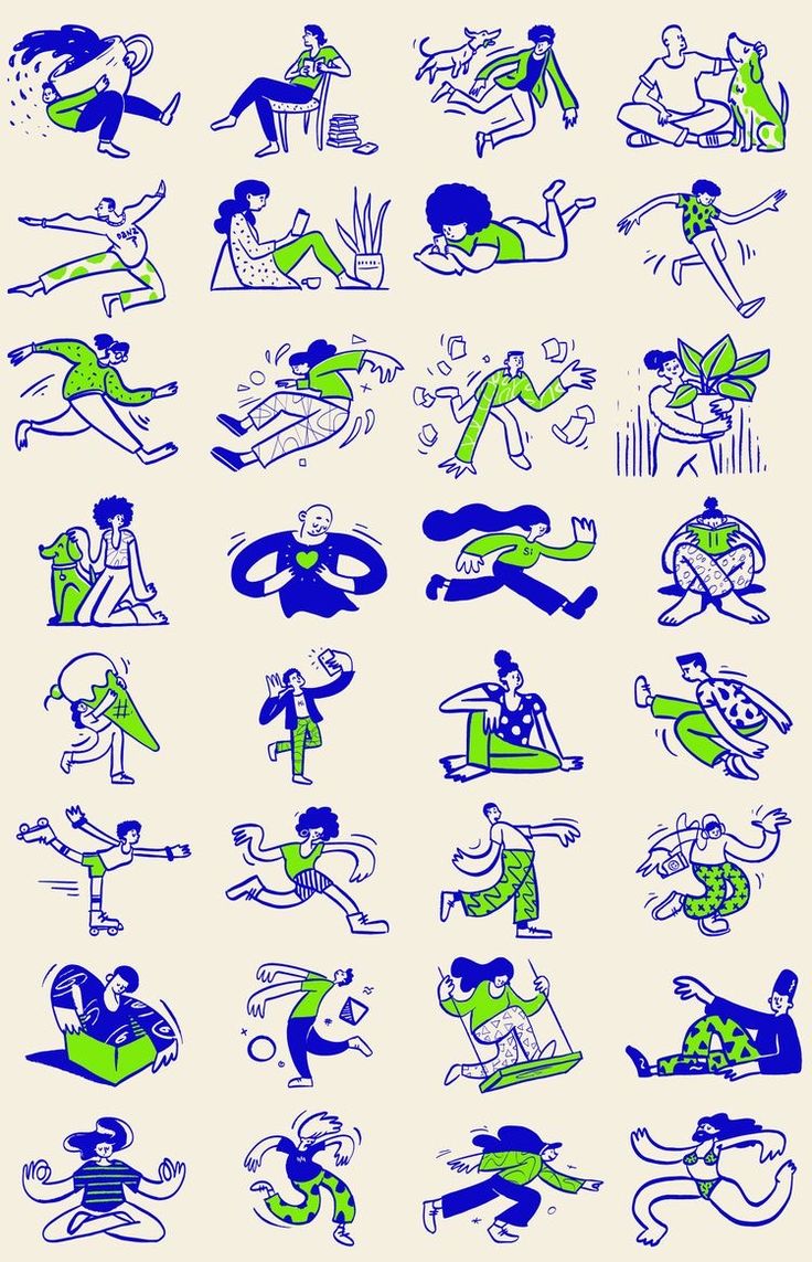 various blue and green drawings of people in different positions, with one person sitting on the ground