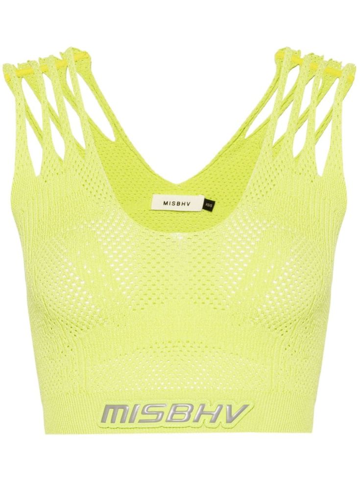 lime green recycled viscose blend stretch-design mesh design knitted construction open knit cut-out detailing appliqué logo to the front V-neck sleeveless ribbed cropped hem This item is made from at least 50% recycled or upcycled materials. For recycled synthetic clothing products, we highly recommend using a microfibre-catching washing bag to ensure that no microplastics that can pollute water are released in the process. Learn more about what makes a product Conscious on our Conscious Criteri Cropped Hollow-out Tops For Spring, Stretch Hollow Out Crop Top For Spring, Spring Hollow Out Stretch Crop Top, Casual Hollow Out Crop Top For Spring, Cropped Hollow Out Top For Spring, Trendy Seamless Spring Tops, Trendy Sleeveless Hollow Out Top, Fitted Hollow Out Mesh Top For Spring, Spring Stretch Knit Crop Top