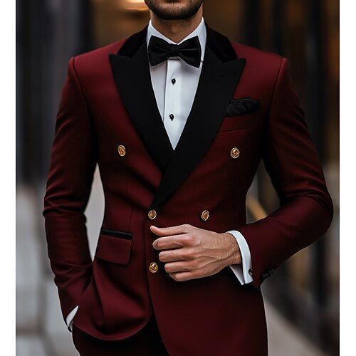 Category:Suits; Embellishment:Pocket; Season:Spring, Fall, Winter, Summer; Fabric:Polyester,TR; Front Closure:Single-Breasted Buttons; Style:Luxury,Christmas,Fashion; Includes:Pants,Jacket; Occasion:Prom,Party Evening Wear,Wedding; Fit Type:Standard Fit; Jacket Buttons:Double Breasted Six-buttons; Jacket Vents:Double (Side); Jacket Pockets:Straight Flapped; Vest Buttons:4; Pattern:Patchwork; Listing Date:10/11/2024; Production mode:External procurement; Pant Length:null; Pants Waist:null; Should Christmas Wedding Tuxedo Groomsmen, Winter Burgundy Wedding, Red And Gold Groomsmen Attire, Christmas Tuxedo Men, Red Velvet Suit Mens, Christmas Wedding Party Attire, Red Wedding Suits Men, Suits Men Red, Christmas Suits For Men