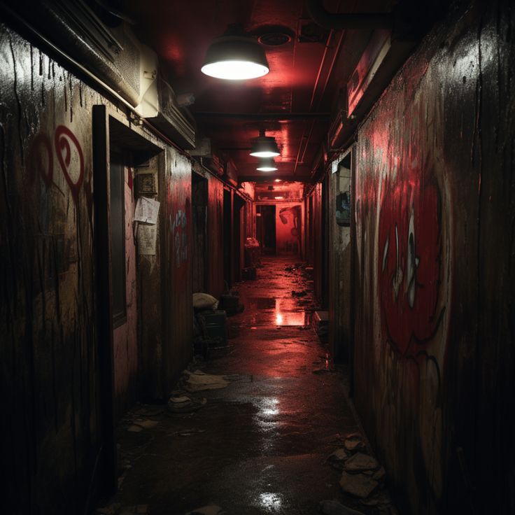 a dark hallway with graffiti on the walls and red light at the end that illuminates