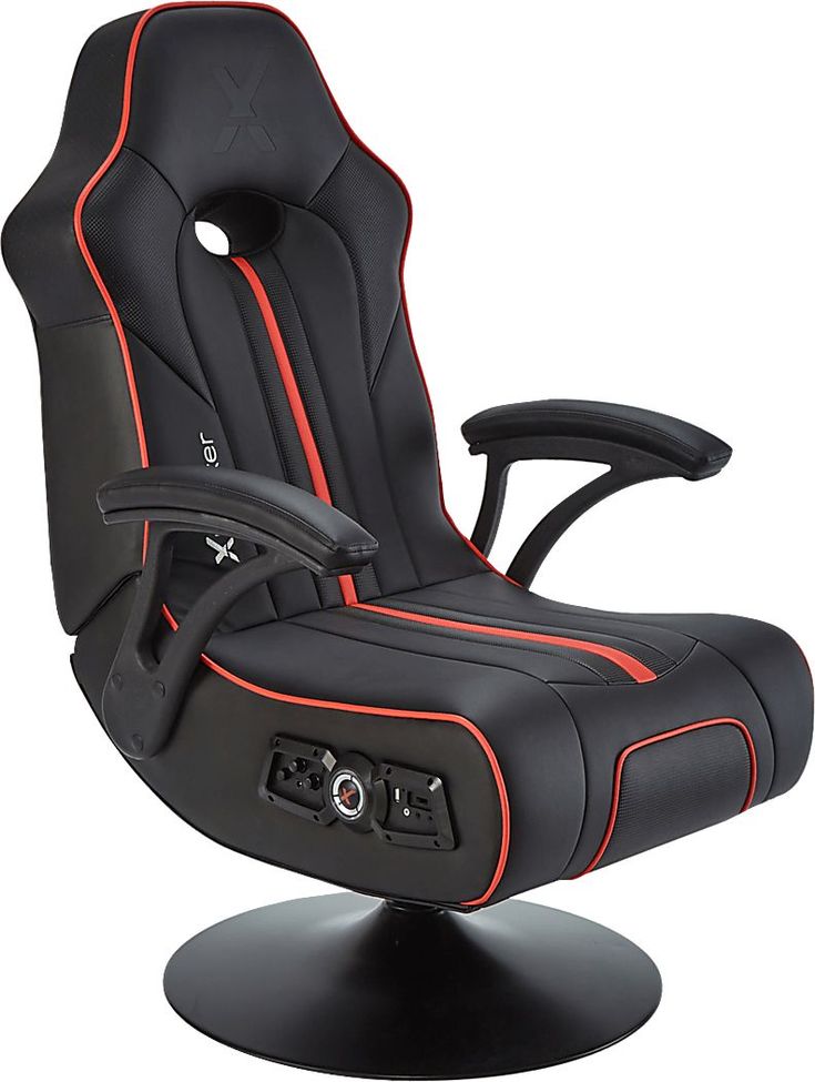 a black and red gaming chair sitting on top of a round base with an arm rest