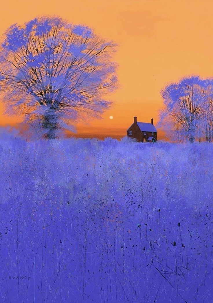 a house in the middle of a field with trees and bushes around it at sunset